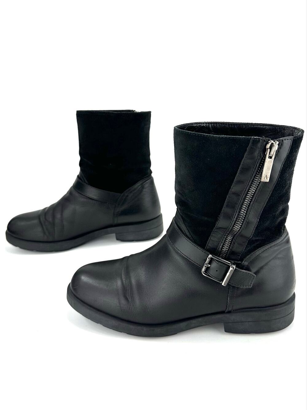 Aquatalia Moto/Biker Boot Sz 10/40 Black Leather/Suede Low Block Heel Round Toe